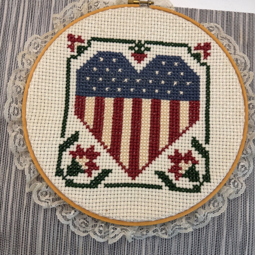 Vintage Handmade Cross Stitch American Flag Heart Lace Wood Hoop Wall Decor 9in